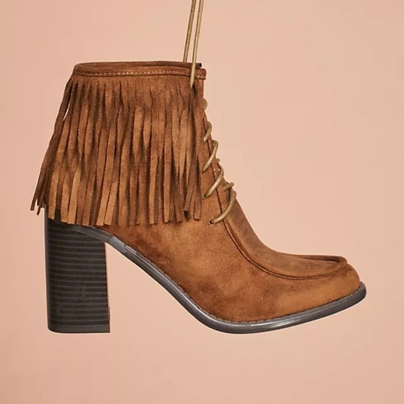 Anthropologie Vanessa Wu Brown Suede Fringed Lace Up Moccasin Booties Size 37 - Picture 10 of 11